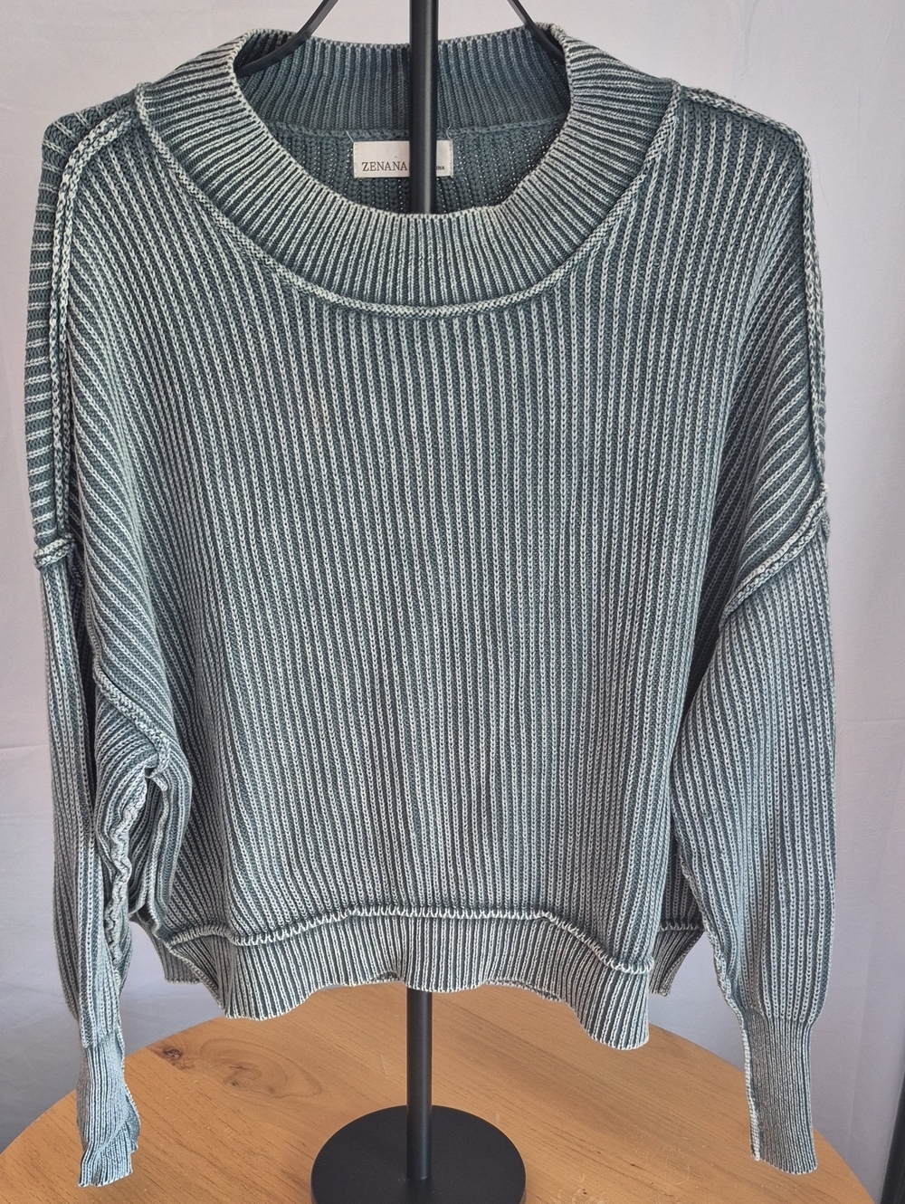 Zenana Outfitters Ribbed Crewneck Sweater in Light Sage